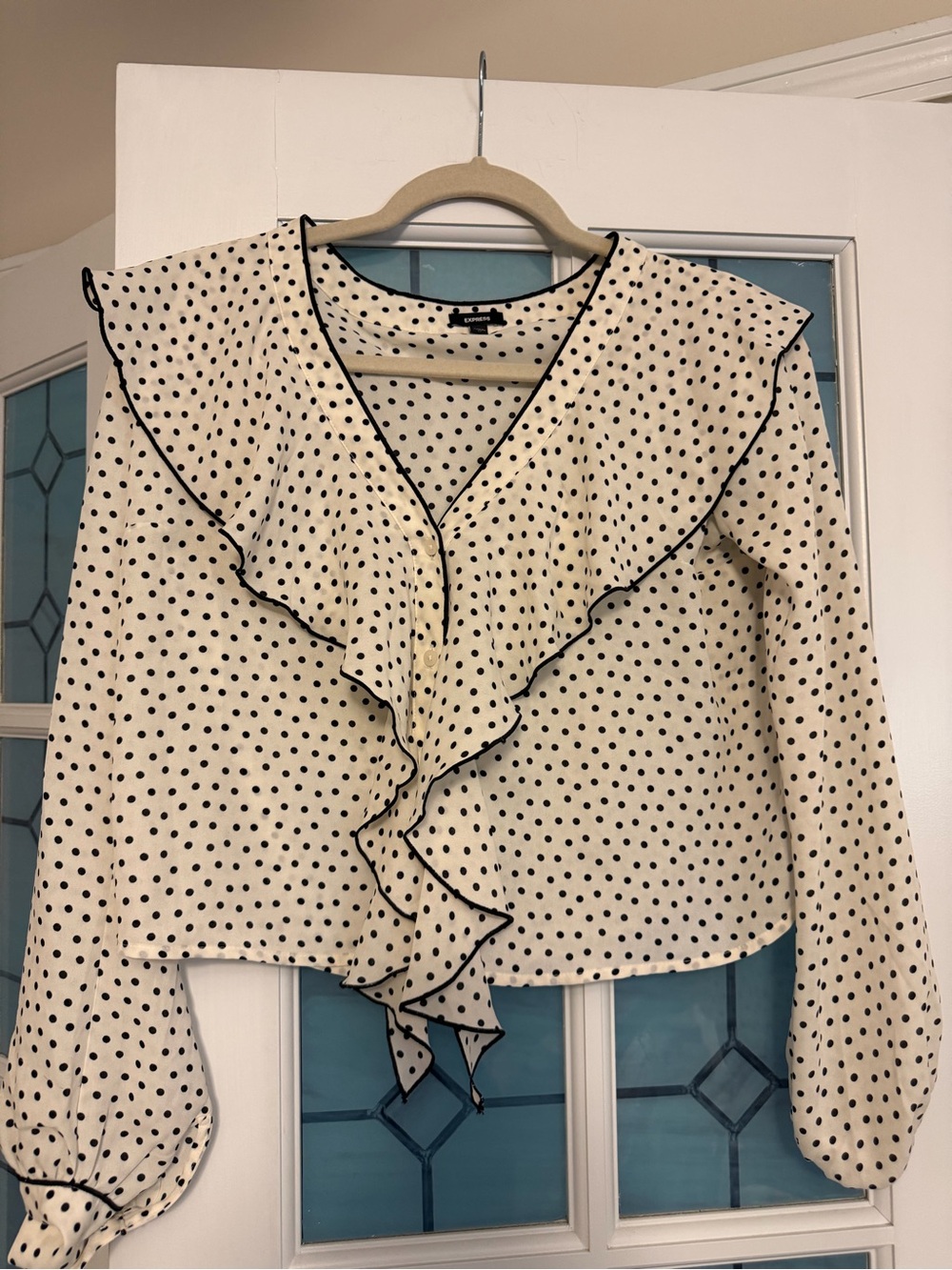 Express Cream Blouse with Black Polka Dots and Ruffle V-Neck